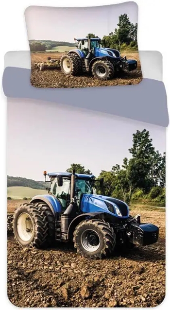 Billede af Traktor junior sengetøj 100x140 cm - sengesæt med blå traktor - 2 i 1 design - 100% bomuld hos Shopdyner.dk